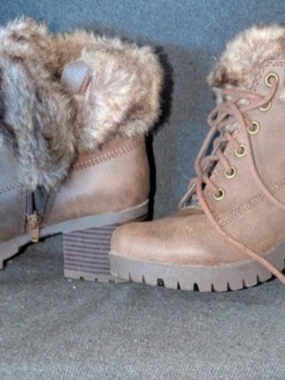 Soda Brown Faux Fur Lace-Up Block Heel Ankle Boots